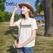 百圖betu女裝2025夏季新款T恤圓領(lǐng)撞色編織織帶棉質(zhì)繡花短袖女2503D12 淺杏色 M