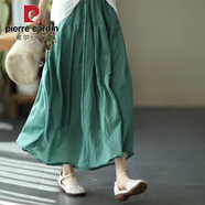 皮爾卡丹（pierre cardin）棉麻半身裙女新款大擺裙純色飄逸長(cháng)裙蓬蓬裙雙層透氣文藝中腰松緊 湖水藍 L 建議105-115斤