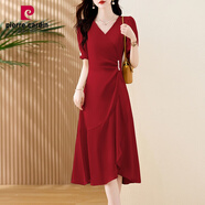 皮爾卡丹（pierre cardin）紅色連衣裙女夏季2025新款垂感氣質(zhì)顯瘦設(shè)計感荷葉邊裙子 酒紅 XL 建議115-125斤