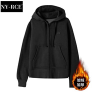 NY-RCE冬季新款衛(wèi)衣女加絨加厚寬松春秋外套女開衫拉鏈連帽上衣女潮 黑色-加絨 XL