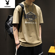 花花公子潮牌美式T恤男士短袖2022新款夏季寬松衣服男潮流ins復古百搭體恤 卡其色【高品質】 2XL 【建議146-170斤】