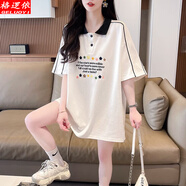 格邏依（GELUOYI）設計感polo衫短袖t恤女2025刺繡中長(cháng)款寬松顯瘦上衣遮臀減齡女裝 白色 L 【105-130斤】