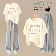 萱莉莉女童夏裝青少年夏裝女初中學(xué)生衣服時尚女童夏季套裝休閑短袖褲子 -29杏色上衣+灰長褲套裝 160 （M）碼【建議90-105斤】