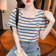 以純 YISHION時(shí)尚刺繡條紋短袖t恤女純棉女裝夏裝2025年新款韓版潮ins圓領(lǐng)上衣 2024#桔藍(lán)條紋 XL 適合120-135斤