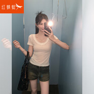 紅蜻蜓（RED DRAGONFLY）蕾絲拼接V領(lǐng)緊身純色短袖T恤女性感純欲修身別致顯瘦上衣2025新款 白色 S