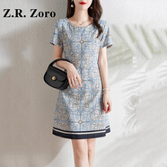 Z.R.Zoro奢侈品連衣裙女2025夏季新款法式復(fù)古印花裙修身顯瘦氣質(zhì)a字裙女 天藍(lán)色 M