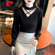 皮爾卡丹（pierre cardin）掛脖針織打底衫女加厚泡泡袖秋冬新款感內(nèi)搭毛衣時(shí) 黑色今年流行的輕奢品牌 S 建議70-85斤