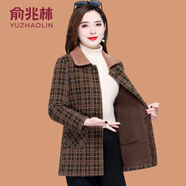 俞兆林（YUZHAOLIN）媽媽冬裝加絨加厚格子毛呢外套時尚中老年女秋冬皮毛一體呢子大衣 咖啡格 4XL (參考135-145斤)