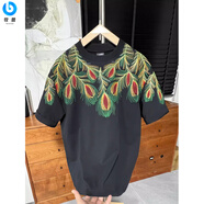 牧獸2025夏季新款男士重工刺繡羽毛百搭短袖T恤時尚潮流重磅半袖上衣 黑色 M
