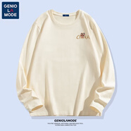 GENIOLAMODE純棉打底衫長(zhǎng)袖T恤男純色基礎(chǔ)凈版寬松春秋圓領(lǐng)內(nèi)搭體恤衫 純棉-淺米色(功夫醒獅胸標(biāo)) 3XL (建議180-205斤)