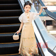 Opeodly兒童馬面裙套裝馬面裙女童馬面裙女款爆款2025新款女童女童馬面裙 荷葉袖+香檳色馬面裙套裝 160