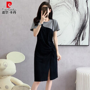 皮爾卡丹（pierre cardin）大碼韓系收腰褶皺遮肚假兩件T恤裙胖mm百搭減齡開(kāi)叉顯瘦中長(cháng)裙夏 黑色 XL 【128-141斤】