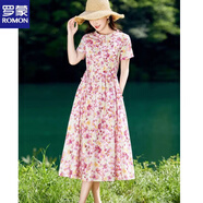 羅蒙（ROMON）棉麻連衣裙夏季2025新款衣服大碼女裝超好看高端精致氣質(zhì)連身裙子 粉色 M 建議90-105