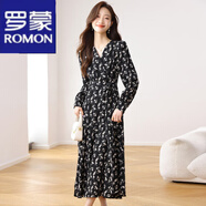 羅蒙（ROMON）碎花連衣裙女2024秋冬新款魚尾V領長款長袖遮垮顯瘦打底腳腕裙子 黑色 M