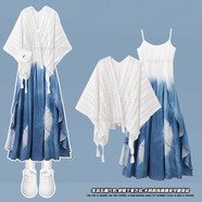 品計25年新款扎染連衣裙云南大理大碼夏季氣質(zhì)套裝女民族風(fēng)鏤空披肩 藍色吊帶裙 S