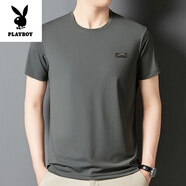 花花公子（PLAYBOY）高檔桑蠶絲短袖t恤男士2025新款圓領(lǐng)體恤衫夏季薄款半袖男上衣T恤 短袖722深灰 M 165建議90-120斤