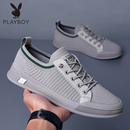 花花公子（PLAYBOY PHYSICAL）夏季新款男小白鞋百搭網(wǎng)面淺口透氣飛織鞋時(shí)尚軟底休閑單鞋男鞋 T-610【灰色】 43