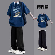 星宿搖（xingsuyao）夏季短袖T恤套裝青少年男裝帥氣學(xué)生潮流套裝休閑痞帥氣2025新款 短袖T191藏青+直筒褲【套裝】 XL 身高173左右 體e