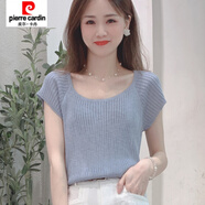 皮爾卡丹（pierre cardin）藍(lán)色冰絲短袖針織衫女2025新款夏季修身薄款針織上衣 藍(lán)色【專柜品質(zhì)】 M 建議80-110斤