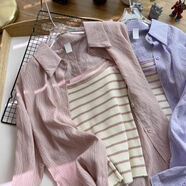 FHHUABD兩件套裝女日系溫柔小眾設計感軟寬松春秋款薄防曬襯衫上衣服外套 天粉色綁帶襯衫+粉色條紋背心 L  【建議100-110斤】