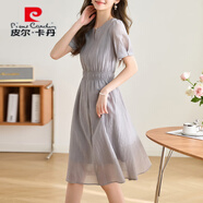 皮爾卡丹（pierre cardin）連衣裙2025新款女夏季輕奢感小個子法式氣質(zhì)收腰顯瘦夏天裙子 淺灰色 L 90-105斤