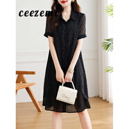 ceezemc香港潮牌雪紡襯衫連衣裙女 2025夏季新款休閑寬松碎花過(guò)膝直筒裙 黑色 2XL
