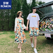羅蒙（ROMON）2025夏季情侶裝沙灘海邊旅波西米亞印花長款連衣裙T恤男短褲套裝 女裙 S
