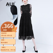 AUI氣質(zhì)黑色蕾絲連衣裙女秋2022新款拼接繡花修身顯瘦中長款裙子 黑色 S
