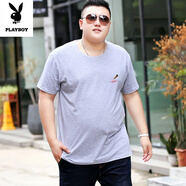 花花公子（PLAYBOY）t恤男短袖胖子寬松體恤大碼純棉半袖上衣加肥加大打底小衫夏季 淺灰色 羽毛筆 M 110-120斤左右