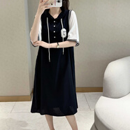 京功帶帽子的連衣裙夏季棉綢韓版寬松顯瘦撞色拼接人造棉休閑大碼連帽 深藏青色G版 3XL 130斤以下
