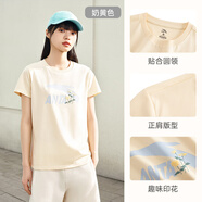 安踏LOGO短袖t恤 女夏季新款棉感顯瘦休閑針織印花T恤透氣運(yùn)動(dòng)上衣 【趣味大logo-夏日小花】奶黃色 M /女165