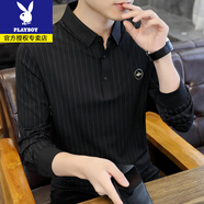 花花公子冰絲短袖t恤男士夏季新款高端商務(wù)條紋帶領(lǐng)polo衫冰感半袖體恤薄T B12-1黑色 XL 120-135斤