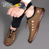 駱駝動(dòng)感涼鞋男夏季鏤空洞洞鞋軟底透氣皮涼鞋男士百搭休閑一腳蹬涼拖鞋子 卡其色 42