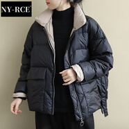 NY-RCE羽絨服女冬季新短款復古寬松文藝長(cháng)袖保暖外套女純色白鴨絨 黑色 M （125-155斤)