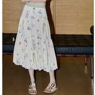 庫恩瑪維（KUHNMARVIN）高腰A字半身裙女2025新款春夏花苞裙子復古花朵半身長(cháng)裙K38025 米色 S