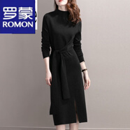 羅蒙（ROMON）針織連衣裙女2024春秋冬新款半高領(lǐng)長(zhǎng)袖收腰顯瘦中長(zhǎng)款毛衣裙子女 黑色 M