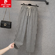 皮爾卡丹（pierre cardin）格子褲女夏季薄款棉麻休閑褲直筒媽媽夏天褲子九分哈倫褲女裝新品 小格子 L 建議80-100斤