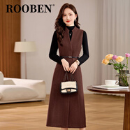 ROOBEN奢侈高端品牌高檔毛呢背心套裝連衣裙春秋氣質(zhì)洋氣顯瘦針織打底衫 安哥拉紅（背帶裙+打底衫） L