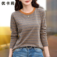 短袖t恤女2025夏季新款條紋寬松顯瘦圓領(lǐng)半袖上衣媽媽裝夏裝 姜黃色 長(cháng)袖2598 2XL 【120-135斤】