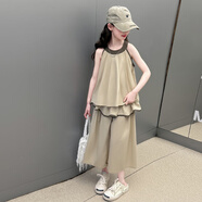 迪莎童話兒童裝女童夏裝吊帶裙褲兩件套大童女裝新款女孩洋氣衣服韓版時髦 卡其色 150