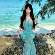 微光里2025夏季法式印花網(wǎng)紗吊帶連衣裙女海邊度假純欲性感魚尾包臀長(zhǎng)裙 暈染網(wǎng)紗吊帶裙綠L建議100-120斤