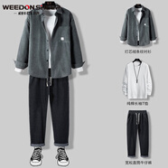 威登羊衣服男燈芯絨外套男夾克秋季潮流休閑三件套男裝搭配一套帥氣秋天 三件套 灰色夾克+白T+711牛仔褲 3XL