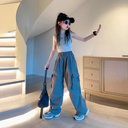 女童夏裝套裝2025新款女孩大童洋氣爵士跳舞工裝褲兒童夏季街舞裝 單件-工裝褲 160