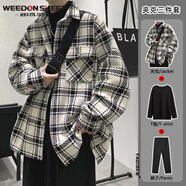 威登羊衣服男士小香風(fēng)炸街夾克男痞帥男裝一套裝秋季格子毛呢外套高級感 白格子夾克+黑長(cháng)T+西褲【三件 L