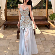 HUALIN FASHION蕾絲拼接連衣裙女可拆卸下擺網(wǎng)紗長(cháng)裙子春裝 吊帶連衣裙 M