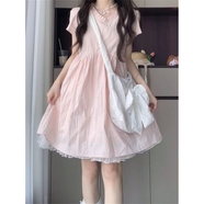 皮爾卡丹（pierre cardin）2025夏季新款日系甜美粉色V領(lǐng)刺繡連衣裙女學(xué)生寬松顯瘦公主短裙 粉色連衣裙 S