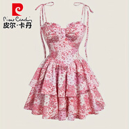皮爾卡丹（pierre cardin）碎花吊帶蛋糕裙復古粉紅色雙層下擺2025夏季連衣裙女裙新款 粉紅色 L