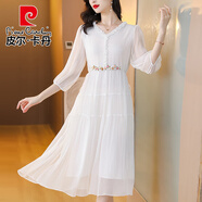 皮爾卡丹白色真絲連衣裙女2025夏季新款氣質(zhì)超仙收腰桑蠶絲大擺裙連身裙 白色 2XL