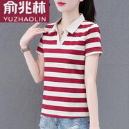 俞兆林（YUZHAOLIN）棉條紋短袖t恤女夏季2025新款中年時(shí)尚翻領(lǐng)polo衫女士上衣T恤女 紅條紋 3XL (推薦140-155斤)