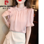 皮爾卡丹（pierre cardin）立領(lǐng)木耳邊雪紡襯衫女短袖夏季2025新款拼接洋氣小衫百搭顯瘦上衣 粉色 L (105-115斤)
